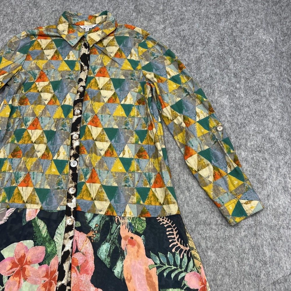John‎ Mark Shirt Womens S Multicolor Patchwork Tropical Bird Print Button Tunic - Picture 7 of 16